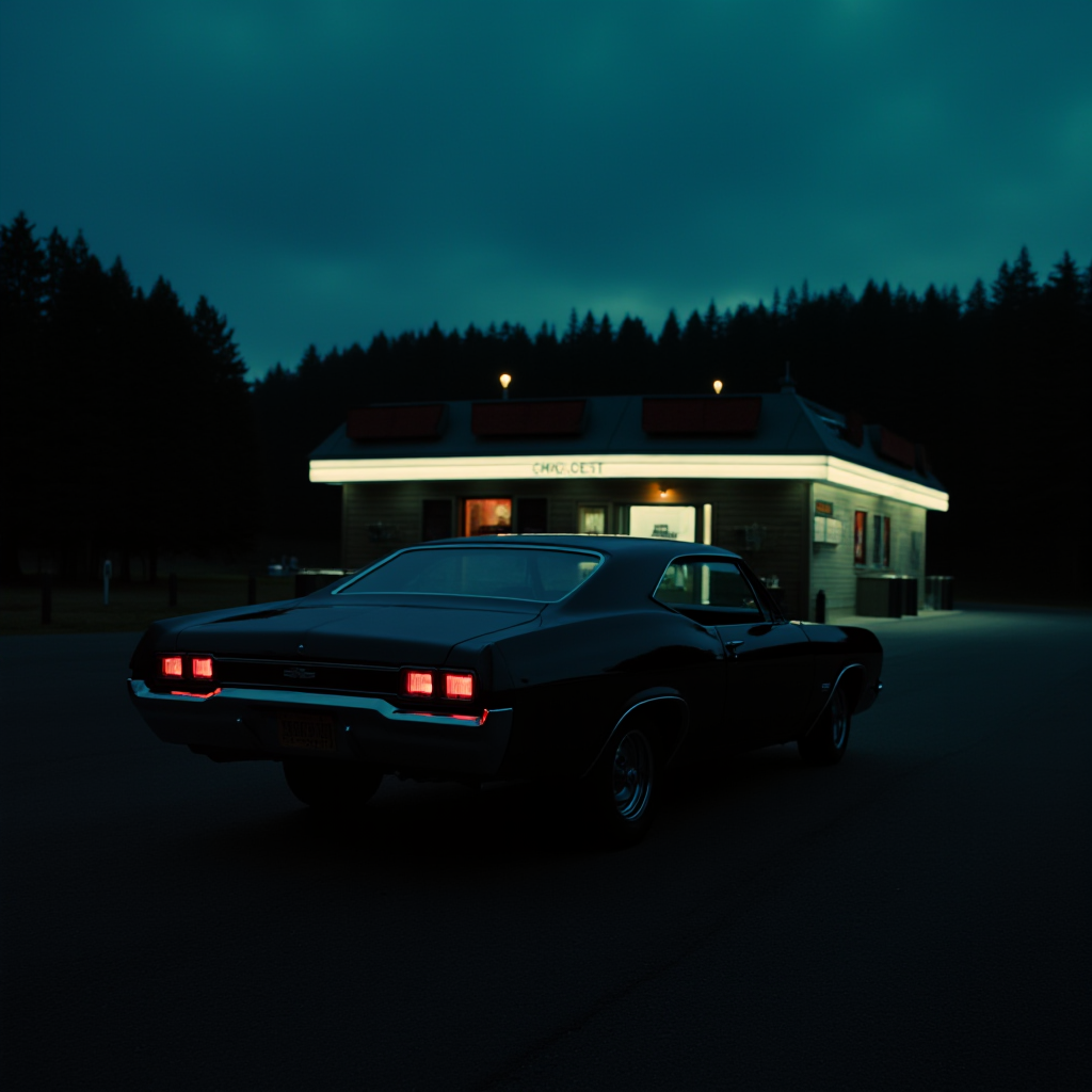 05484-2596169135-5118-The image is cinematic closeup photograph of chevrolet impala 1967 standing in front of lonely diner with red tail lights turned.png